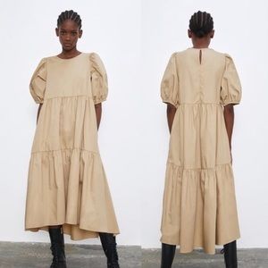 Zara Camel Midi Tiered Dress with Puff Sleeves